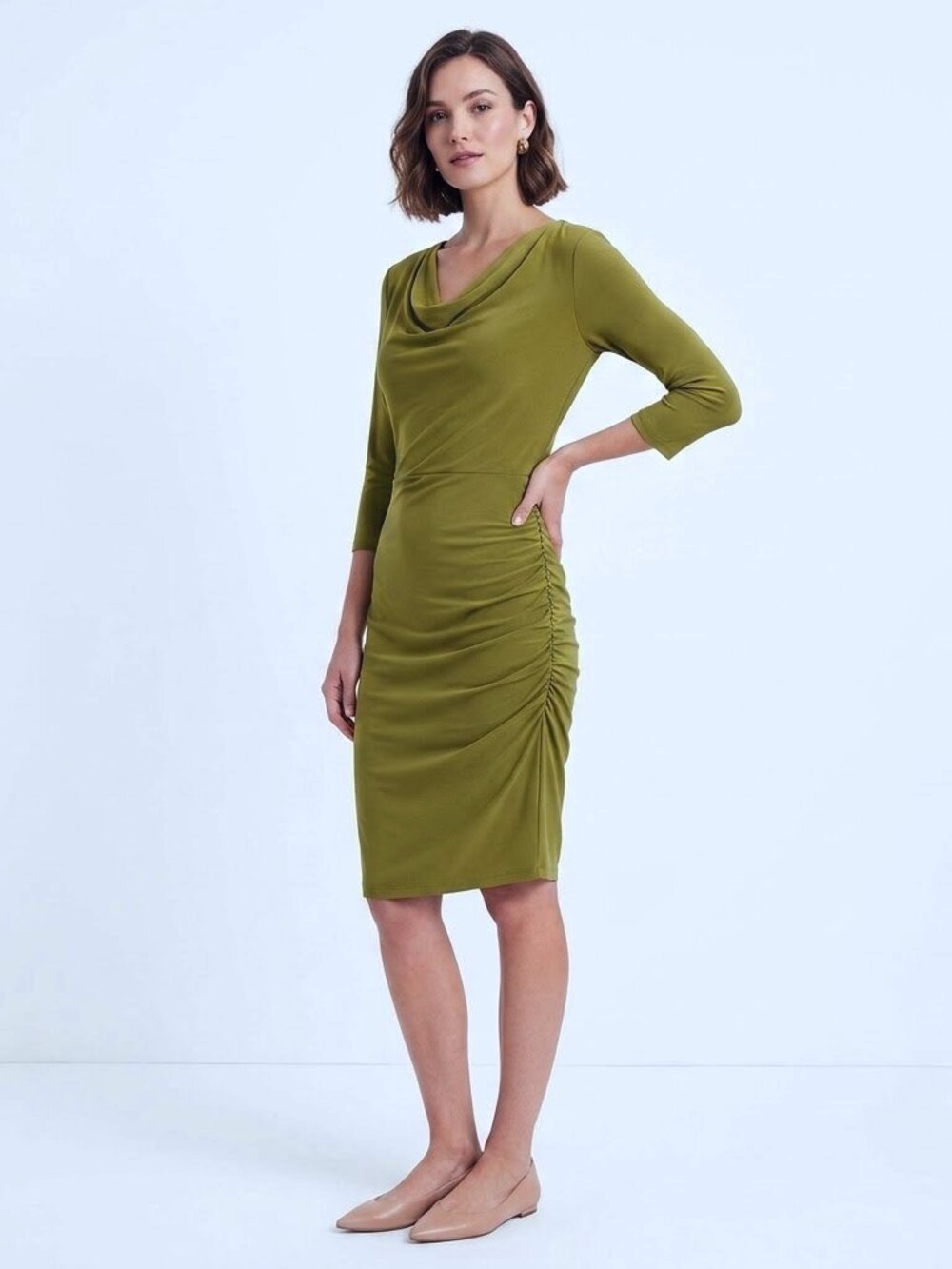 Jacob "Avocado" Cowl Neck Ruched Stretch Dress- Sz. Sm